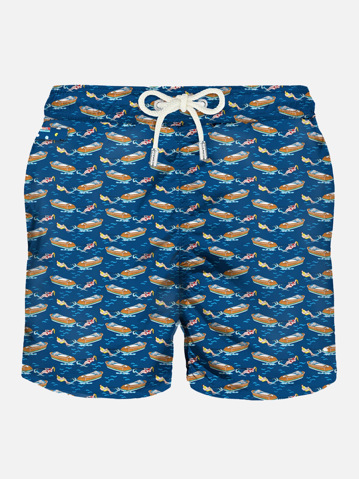 Striped print fabric swim trunks