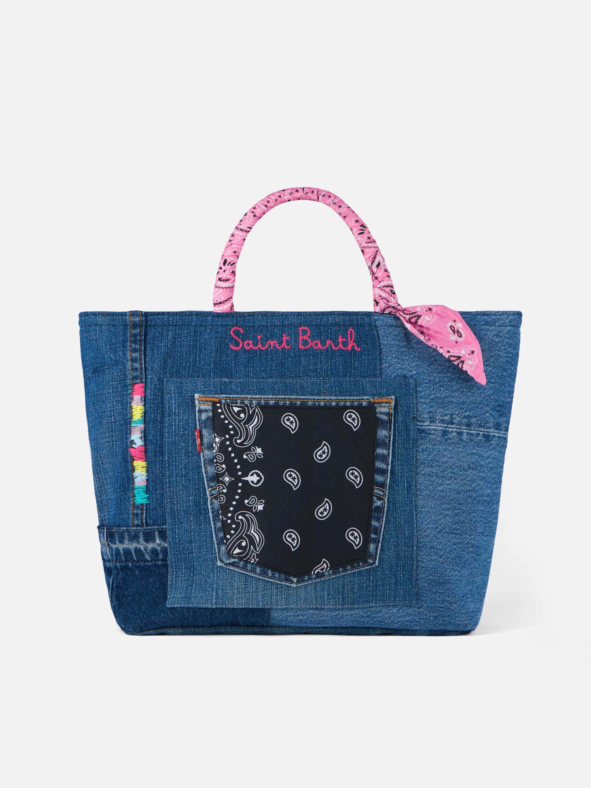 MC2 Saint Barth Denim Patchwork Handbag With Pink Bandanna Handles