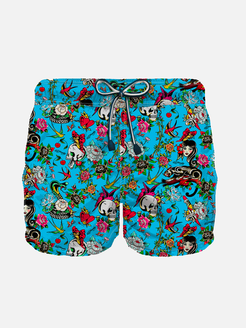 Jungen-Badeshorts aus leichtem Stoff mit Tattoo-Print