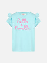 T-shirt da bambina in cotone con balza e ricamo