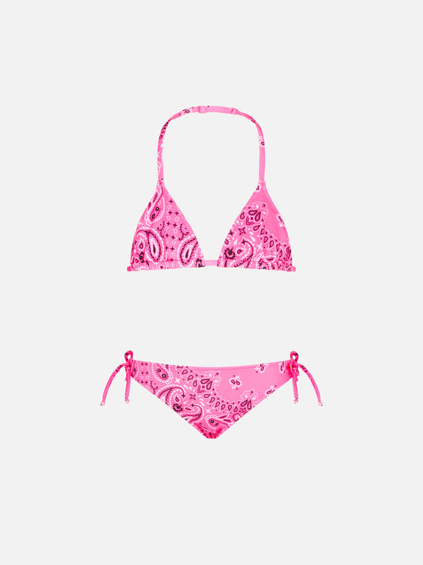 Girl triangle bikini with fluo pink bandanna print