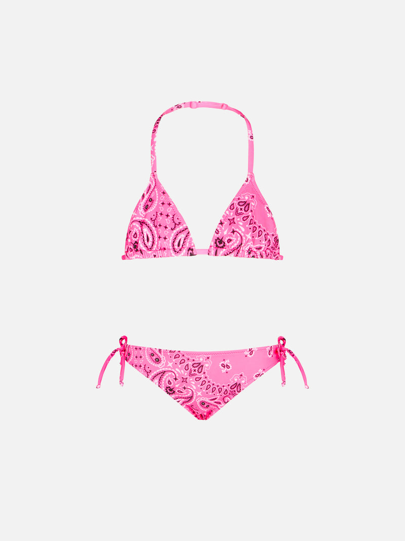 Bikini a triangolo da bambina con stampa bandana rosa fluo