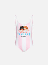 Girl striped one piece swim suit with Fiorucci Angels print | FIORUCCI SPECIAL EDITION