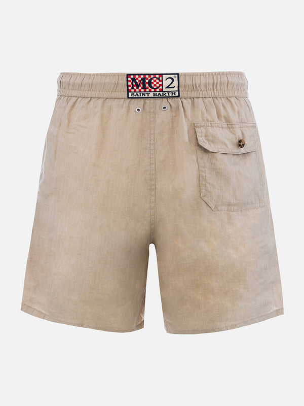 Man mid-length beige linen swim-shorts Gustavia