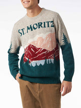 Herren-Donegal-Pullover mit Rundhalsausschnitt und St. Moritz-Postkarten-Jacquard-Print