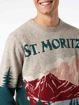 Herren-Donegal-Pullover mit Rundhalsausschnitt und St. Moritz-Postkarten-Jacquard-Print