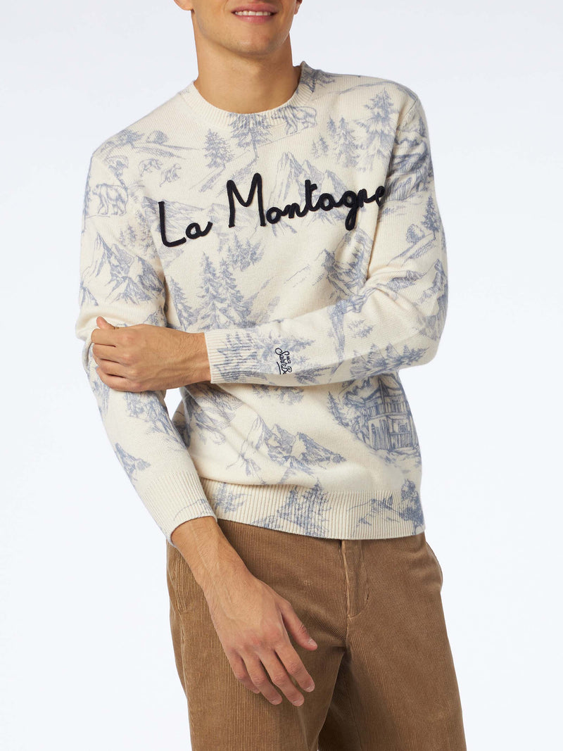 Toile de Jouy-Pullover für Herren mit Rundhalsausschnitt und La Montagne-Stickerei