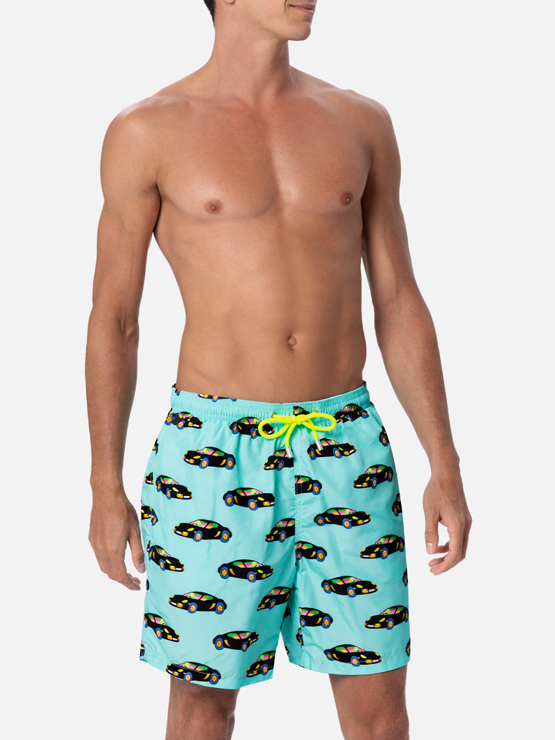 Man lightweight fabric swim-shorts Lighting with Lodola car print |MARCO LODOLA SPECIAL EDITION