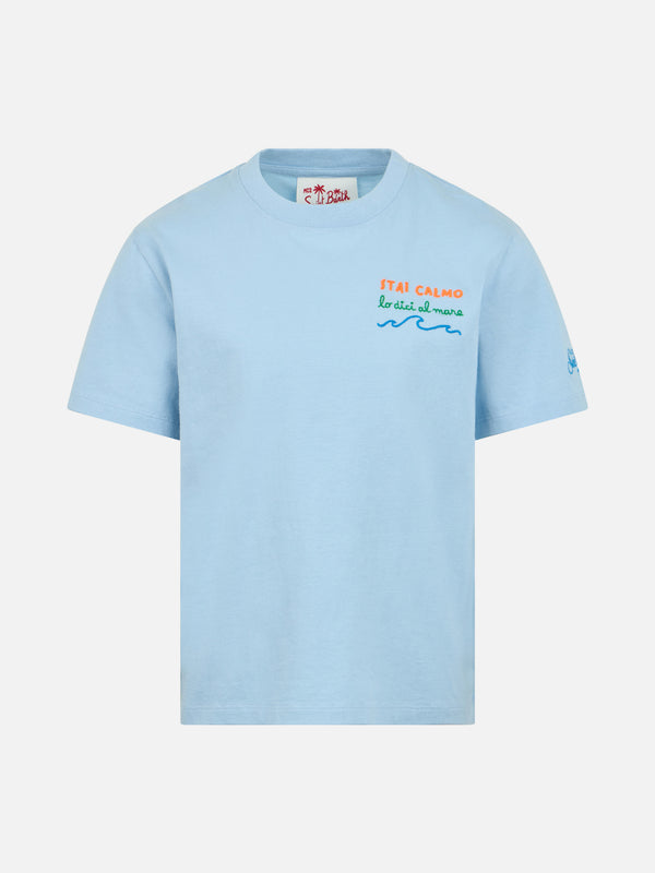 T-shirt da bambino in jersey di cotone Portofino Jr con ricamo Stai calmo lo dici al mare