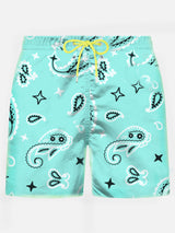 Man light fabric swim shorts with water green paisley print