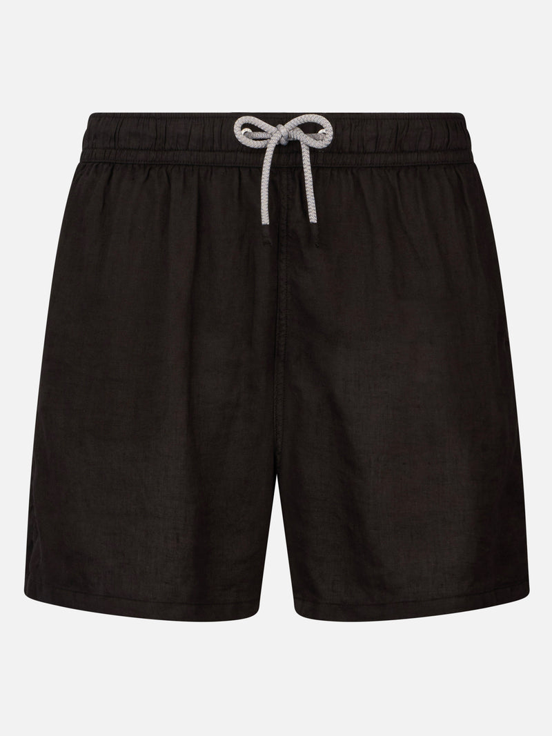 Man mid-length black linen swim-shorts Gustavia