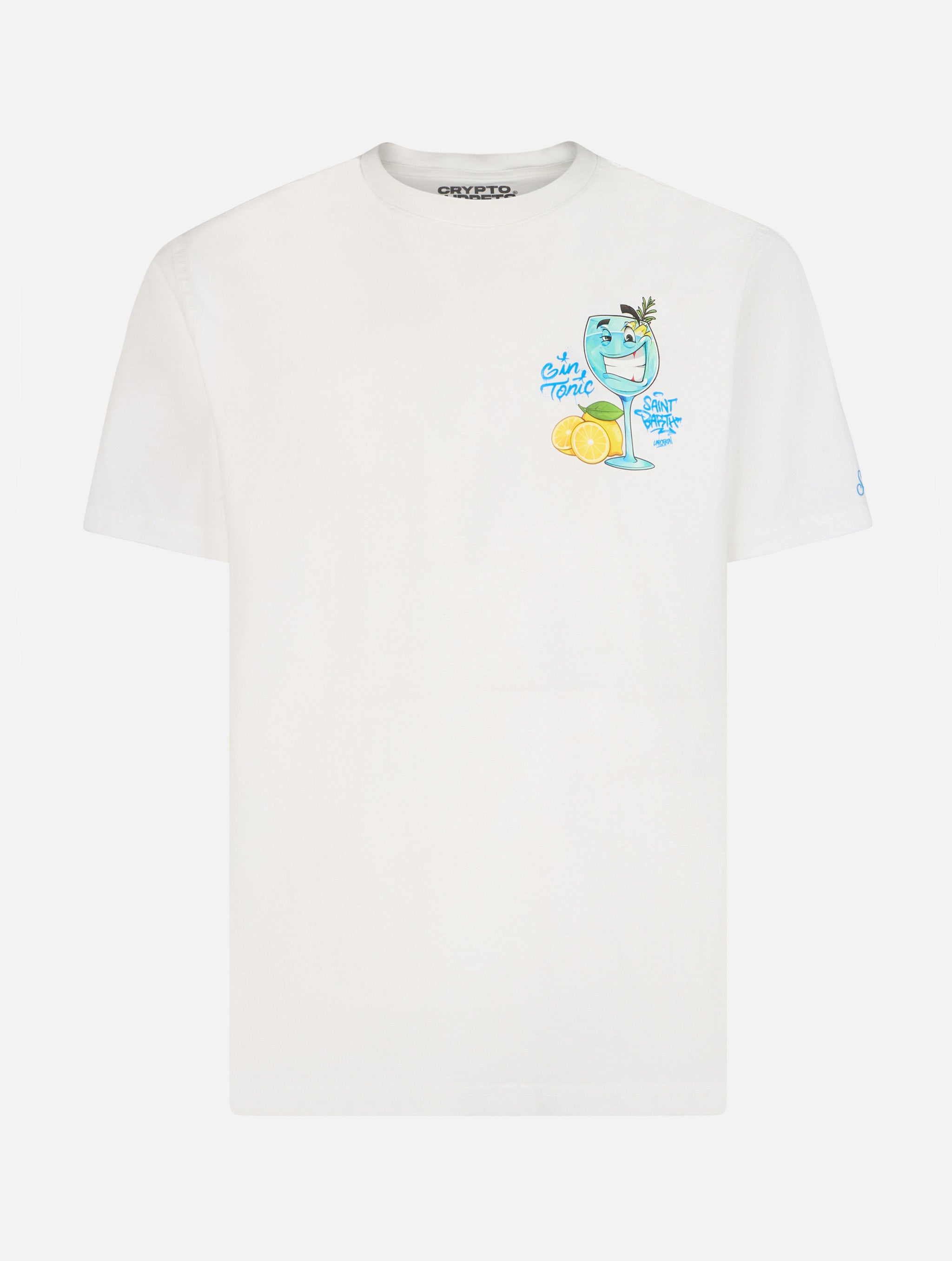 Man cotton t-shirt with Cryptopuppets Gin Tonic front and back placed ...