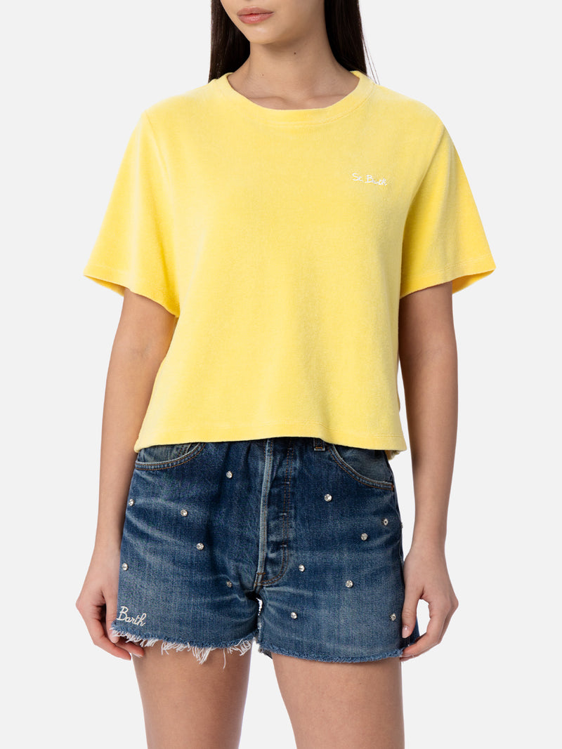 T-shirt da donna girocollo in spugna di cotone giallo pallido Emilie