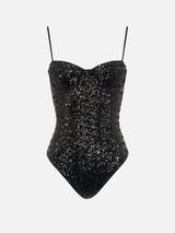 Woman apolline black one-piece swimsuit with sequins