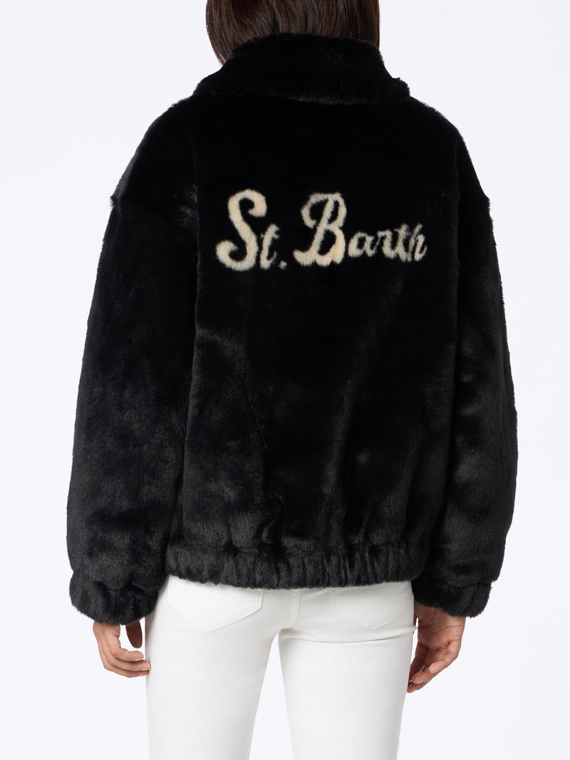 Woman furry bomber Abel with collar and Saint Barth print