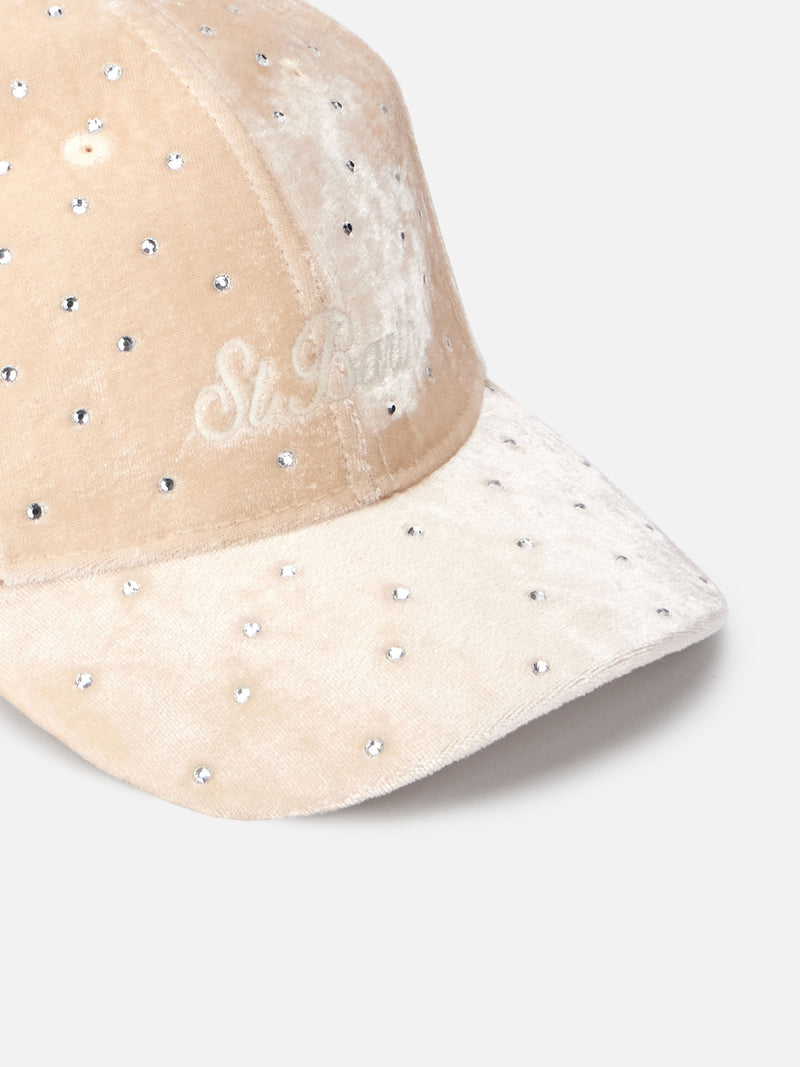 Beige velvet ball cap Baseball with rhinestones embellishment