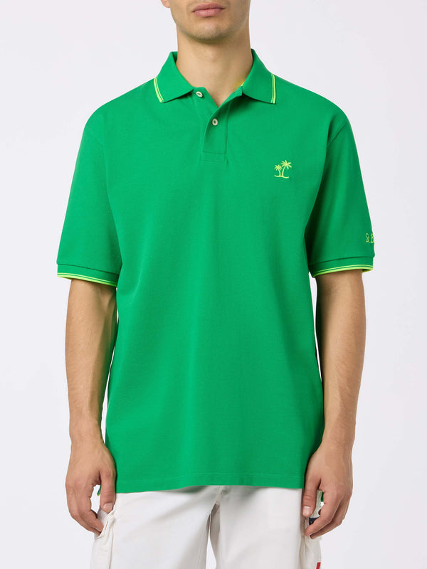 Man green cotton piquet polo shirt Beverly Hills with palm embroidery