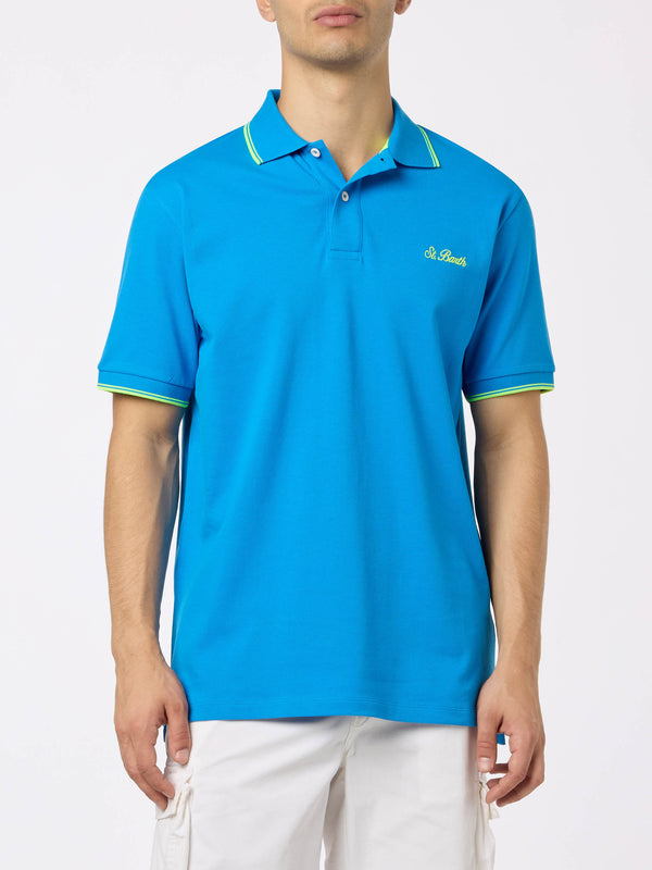 Man bluette cotton piquet polo shirt Beverly Hills with palm embroidery