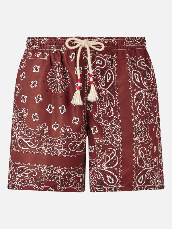 Man swim shorts with burgundy bandanna print