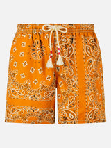 Man swim shorts with orange bandanna print