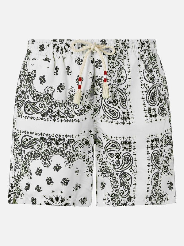 Man swim shorts with white bandanna print