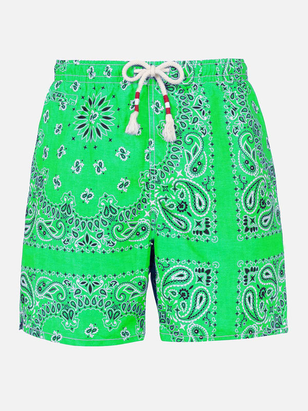 Man swim shorts with green bandanna print