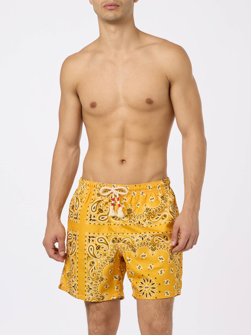 Man swim shorts with ochre bandanna print