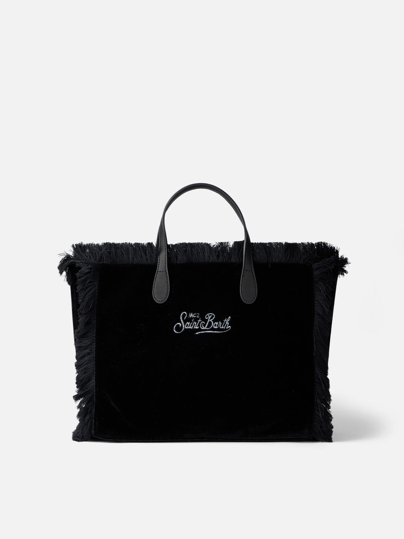 Schwarze Colette-Handtasche aus Samt mit Strass-Logo