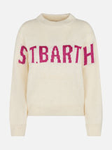 Woman white sweater Danya with St. Barth print