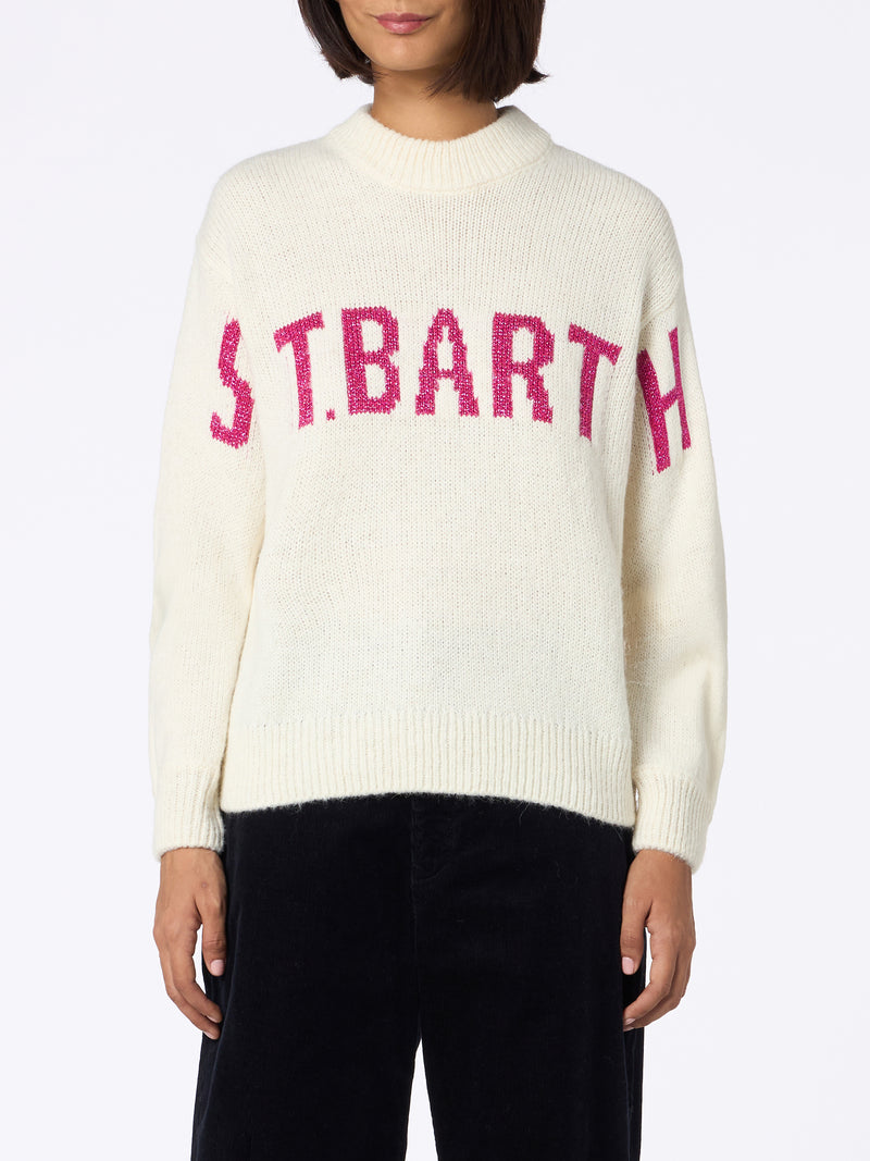 Woman white sweater Danya with St. Barth print