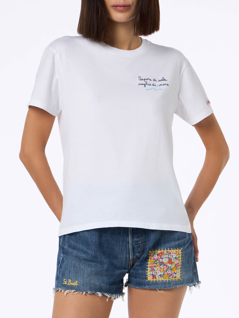 Woman cotton jersey crewneck t-shirt Emilie with Voglia di amare embroidery | @serepocaiontas SPECIAL EDITION