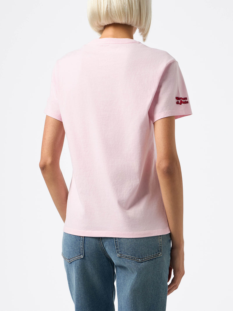 Woman heavy cotton pink t-shirt Emilie with Negare, negare sempre! embroidery | VACANZE DI NATALE SPECIAL EDITION