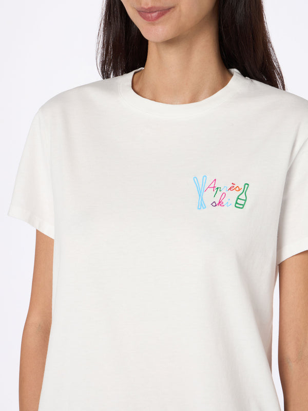 Woman white t-shirt Emilie with Apres ski rainbow embroidery