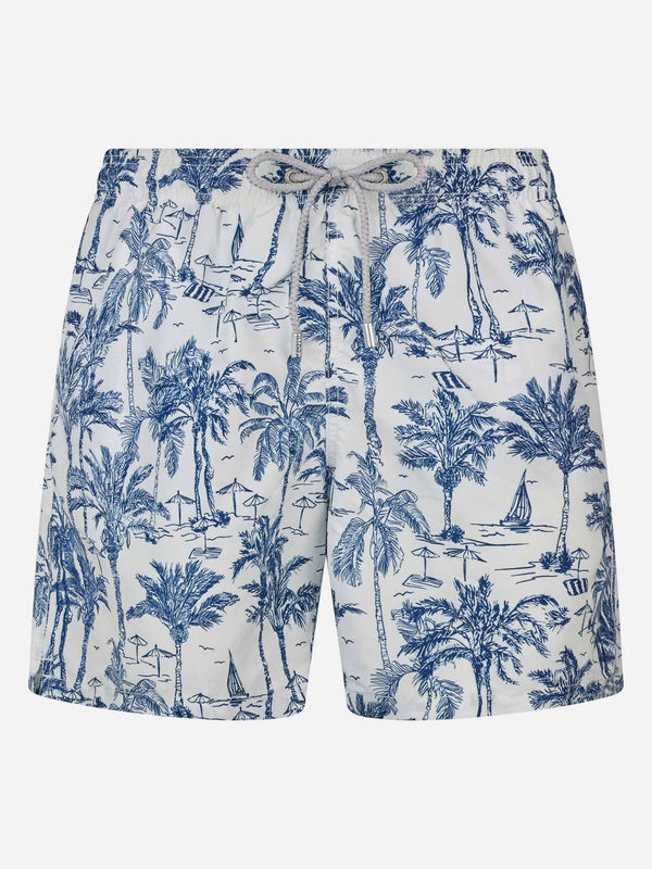 Man mid-length Gustavia swim-shorts with toile de jouy print