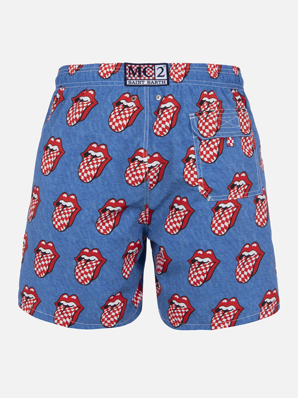 Man mid-length striped Gustavia swim-shorts with Rolling Stones print | ROLLING STONES SPECIAL EDITION