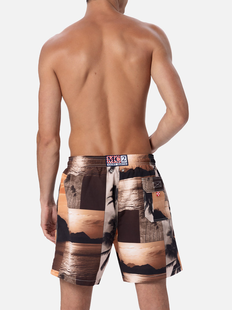 Man mid-length Gustavia swim-shorts with photo sunset print  |  AI CO-CREATED DESIGN BY RICKDICK - POWERED BY RED-EYE