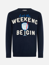 Man blue sweater Heron with Weekend be gin print