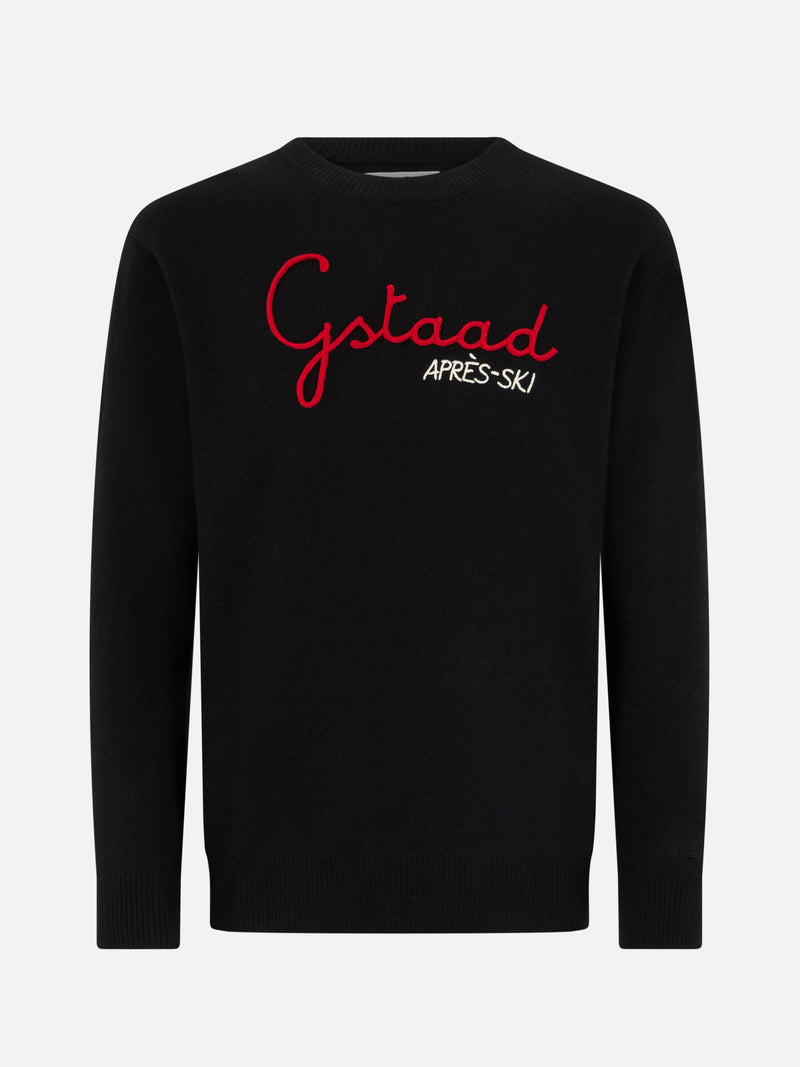 Man black sweater Heron with Gstaad Apres ski embroidery