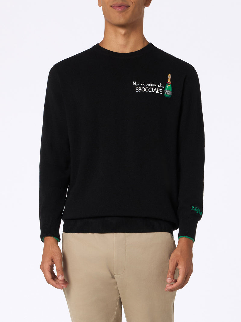 Man black sweater Heron with Non ci resta che sbocciare embroidery