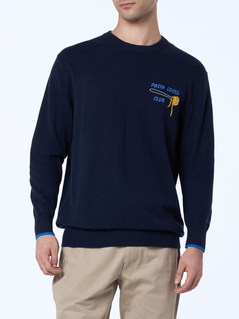 Man blue sweater Heron with Pasta lover embroidery