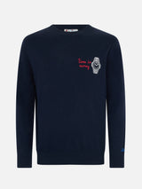 Man nevy blue sweater Heron with Time is money embroidery