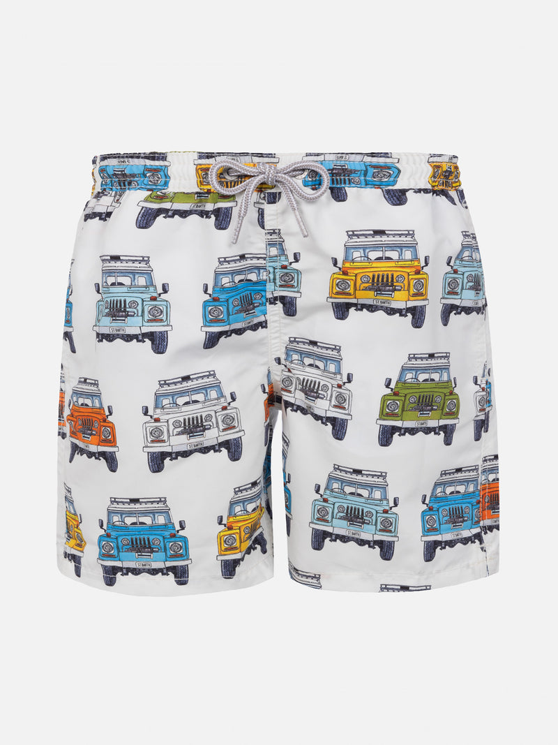 Boy classic swim shorts with safari car print