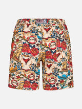 Boy mid-length Jean swim-shorts with striped print