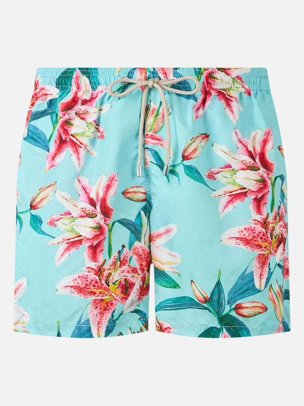 Man lightweight fabric swim-shorts Lighting with tropical flowers print