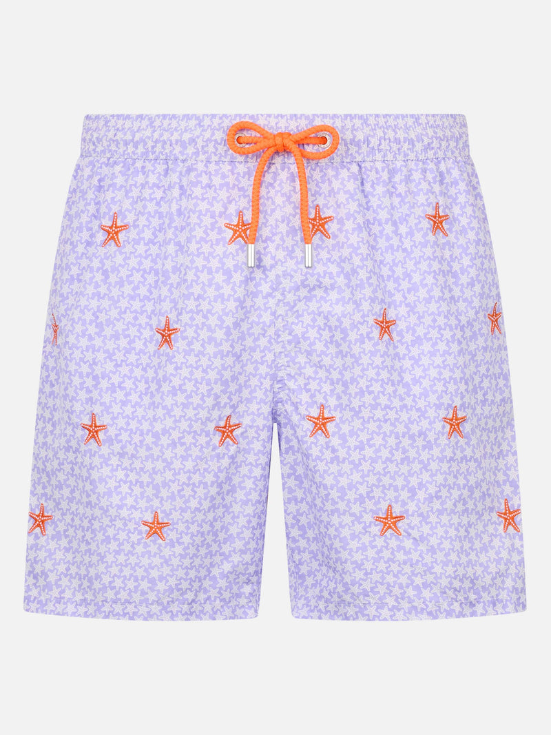 Man lightweight fabric swim-shorts Lighting with seastars embroidery