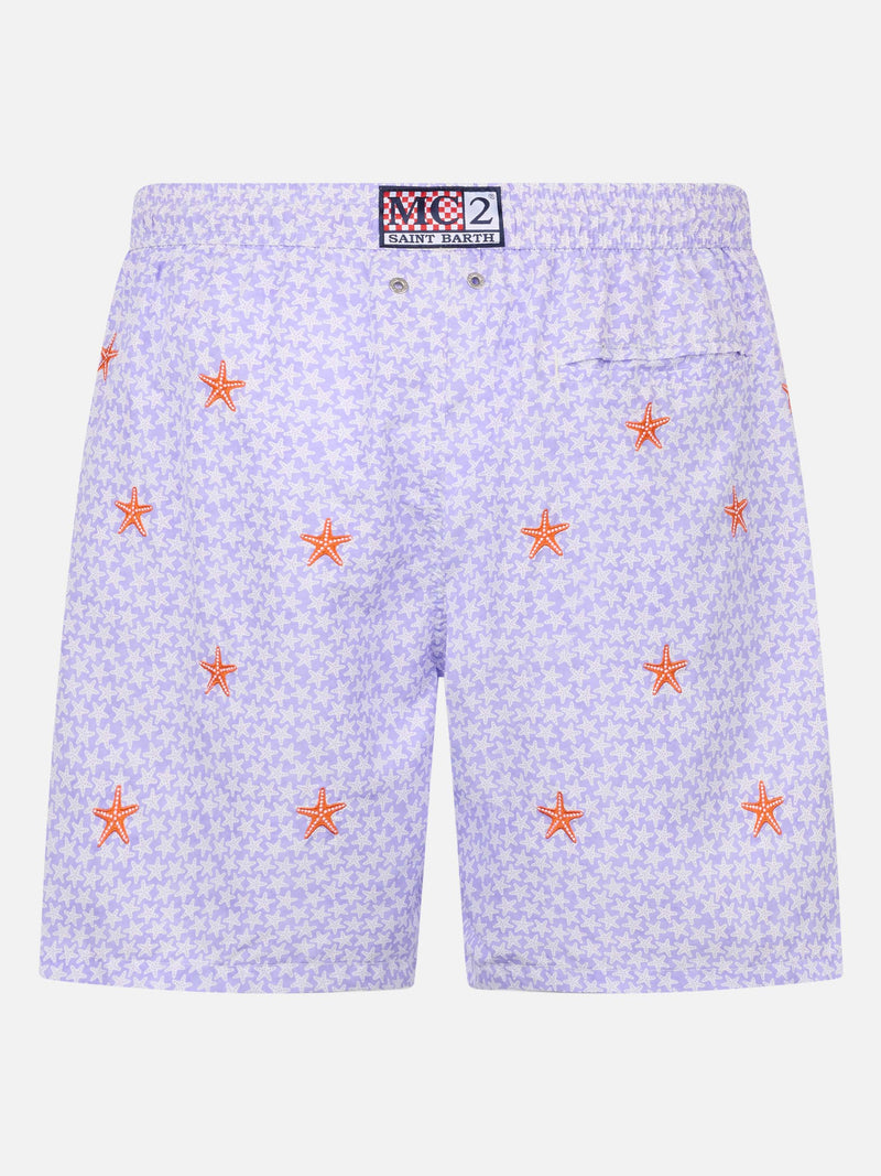 Man lightweight fabric swim-shorts Lighting with seastars embroidery