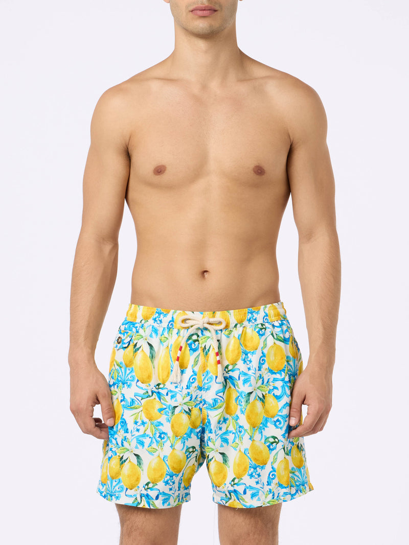 Man lightweight fabric swim-shorts Lighting 70 with majolica print