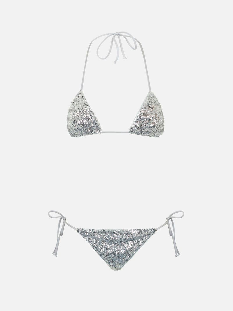 Bikini a triangolo paillettes argento da donna Leah Marielle