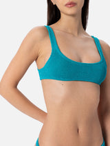 Woman teal lurex crinkle cheeky swim briefs Naomi