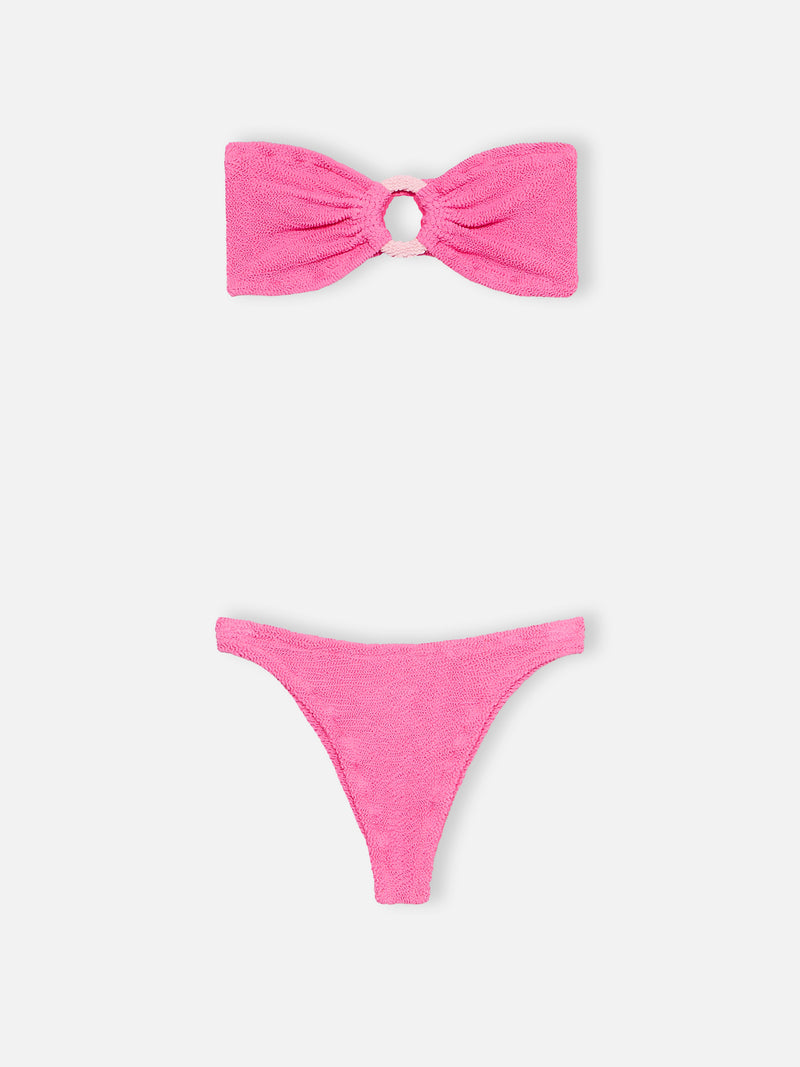 Woman pink crinkle bandeau bikini Yulia Naomi